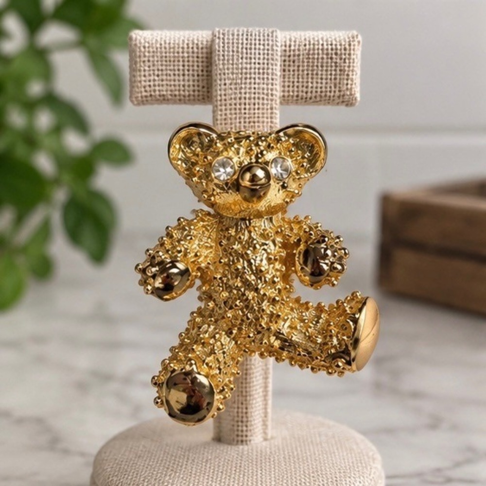 Vintage AHM Gold Tone Textured Teddy Bear Brooch Rhinestone Eyes Signed